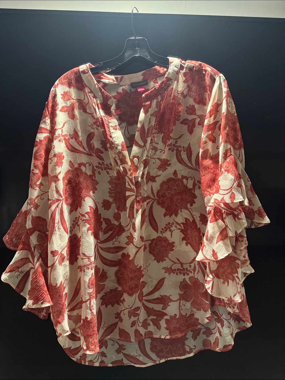 Floral Ruffle Sleeve Button-Front Blouse - Red/Cream/Gold